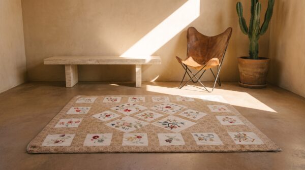 Antique quilt small square scatter size wool & cotton multicolor rug 7 Antique quilt small square scatter size wool & cotton multicolor rug (sku 20846) - room view