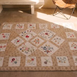 Antique Quilt Small Square Scatter Size Wool & Cotton Multicolor Rug (SKU 20846) - styled overhead view