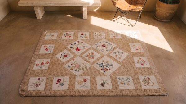 Antique quilt small square scatter size wool & cotton multicolor rug 2 Antique quilt small square scatter size wool & cotton multicolor rug (sku 20846) - styled overhead view