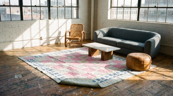 Antique quilt small square scatter size wool ivory rug (sku 20615) - room view