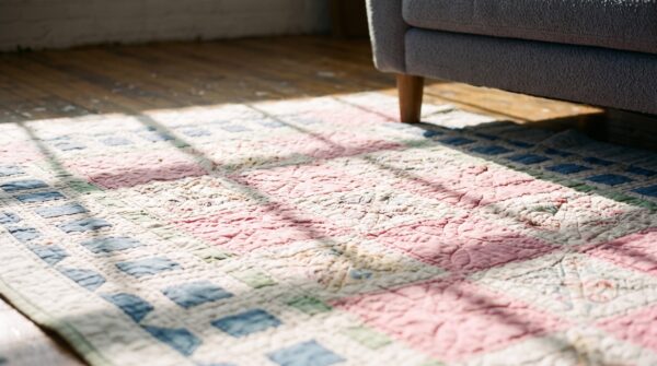 Antique quilt small square scatter size wool ivory rug (sku 20615) - in-room detail
