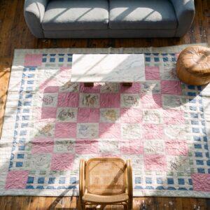 Antique Quilt Small Square Scatter Size Wool Ivory Rug (SKU 20615) - styled overhead view