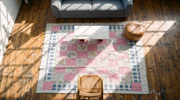 Antique quilt small square scatter size wool ivory rug (sku 20615) - styled overhead view