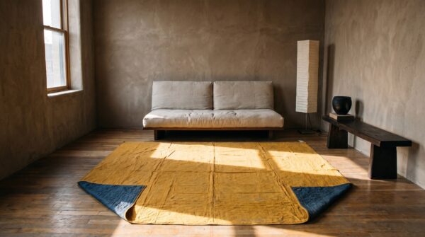 Antique quilt small square wool yellow rug 6 Antique quilt small square wool yellow rug (sku 20618) - room view