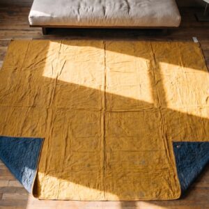 Antique Quilt Small Square Wool Yellow Rug (SKU 20618) - styled overhead view