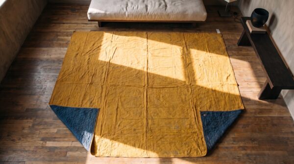 Antique quilt small square wool yellow rug 2 Antique quilt small square wool yellow rug (sku 20618) - styled overhead view