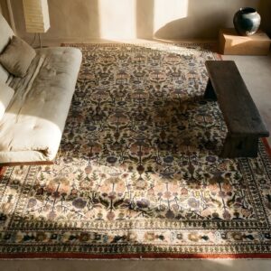 Antique Qum Iran Knotted Rug (SKU 25576) - styled overhead view