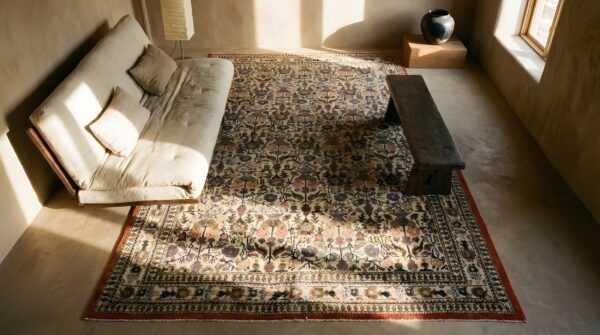 Antique qum iran knotted rug (sku 25576) - styled overhead view