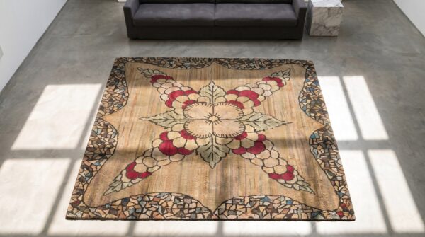 Antique radiating floral star medallion american crazy quilt border square hooked rug 2 Antique radiating floral star medallion american crazy quilt border square hooked rug (sku 18429) - styled overhead view