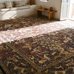 Rage Fine Weave Hunting Scene Design Antique Persian Kerman Animal Design Rug (SKU 20799) - room view