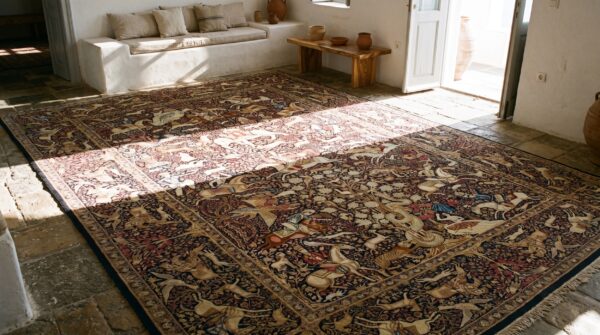 Rage fine weave hunting scene design antique persian kerman animal design rug 7 Rage fine weave hunting scene design antique persian kerman animal design rug (sku 20799) - room view