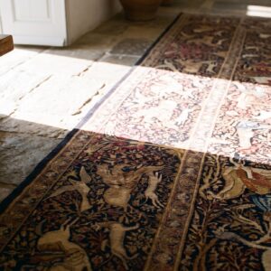 Rage Fine Weave Hunting Scene Design Antique Persian Kerman Animal Design Rug (SKU 20799) - in-room detail