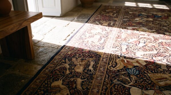 Rage fine weave hunting scene design antique persian kerman animal design rug 8 Rage fine weave hunting scene design antique persian kerman animal design rug (sku 20799) - in-room detail