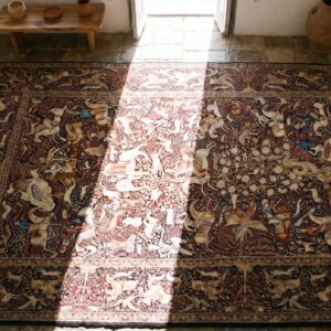 Rage Fine Weave Hunting Scene Design Antique Persian Kerman Animal Design Rug (SKU 20799) - styled overhead view