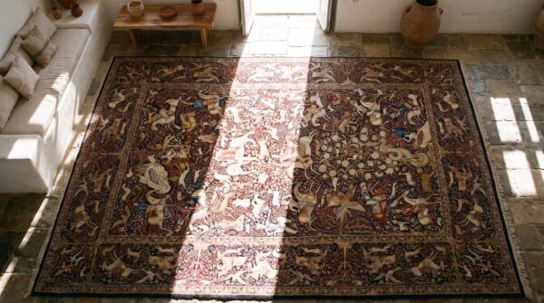 Rage fine weave hunting scene design antique persian kerman animal design rug 2 Rage fine weave hunting scene design antique persian kerman animal design rug (sku 20799) - styled overhead view