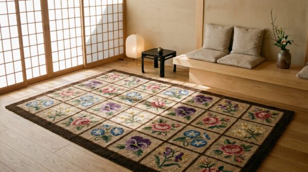 Antique range of flower display pattern american folk art hooked rug 3 Antique range of flower display pattern american folk art hooked rug (sku 17320) - room view