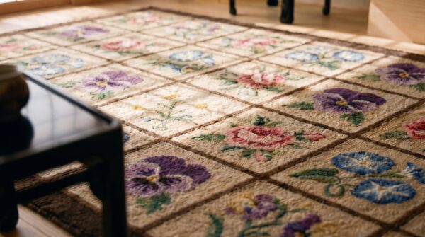Antique range of flower display pattern american folk art hooked rug 4 Antique range of flower display pattern american folk art hooked rug (sku 17320) - in-room detail