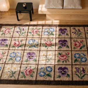 Antique Range Of Flower Display Pattern American Folk Art Hooked Rug (SKU 17320) - styled overhead view