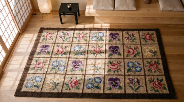 Antique range of flower display pattern american folk art hooked rug 2 Antique range of flower display pattern american folk art hooked rug (sku 17320) - styled overhead view