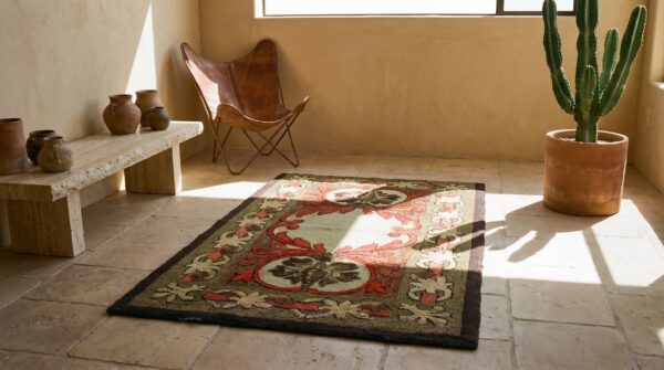 Rare antique artistic art nouveau design american hooked folk art rug (sku 17653) - room view