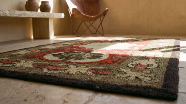 Rare antique artistic art nouveau design american hooked folk art rug (sku 17653) - in-room detail