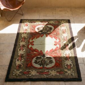 Rare Antique Artistic Art Nouveau Design American Hooked Folk Art Rug (SKU 17653) - styled overhead view