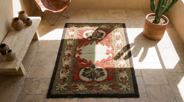 Rare antique artistic art nouveau design american hooked folk art rug (sku 17653) - styled overhead view