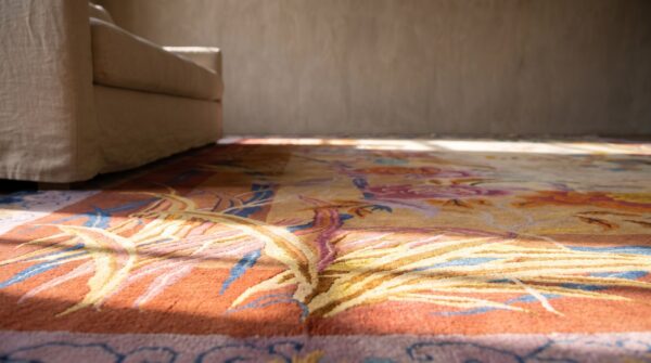 Rare artistic scenic antique chinese art deco room size carpet 11 Rare artistic scenic antique chinese art deco room size carpet (sku 25470) - in-room detail