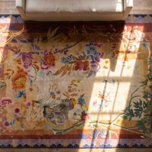 Rare Artistic Scenic Antique Chinese Art Deco Room Size Carpet (SKU 25470) - styled overhead view