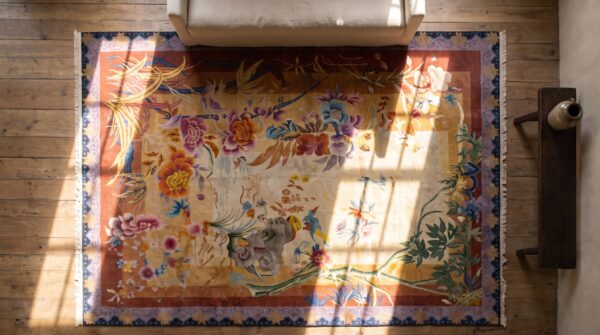 Rare artistic scenic antique chinese art deco room size carpet 2 Rare artistic scenic antique chinese art deco room size carpet (sku 25470) - styled overhead view
