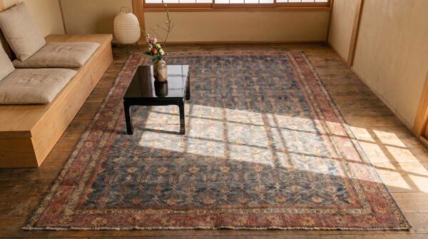 Rare collectable 18th century antique room size indian deccani carpet 2 Rare collectable 18th century antique room size indian deccani carpet (sku 17466) - styled overhead view
