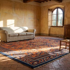 Rare Collectible Antique 19th Century Square Coral Chinese Ningxia Carpet (SKU 23362) - room view