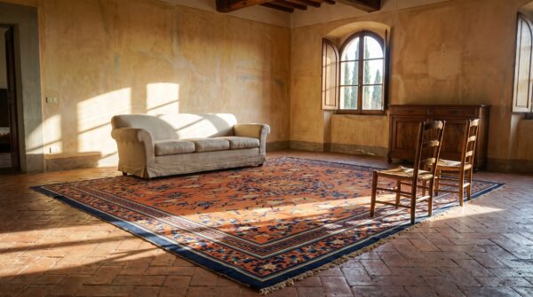 Rare collectible antique 19th century square coral chinese ningxia carpet (sku 23362) - room view