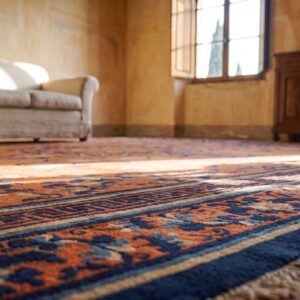 Rare Collectible Antique 19th Century Square Coral Chinese Ningxia Carpet (SKU 23362) - in-room detail