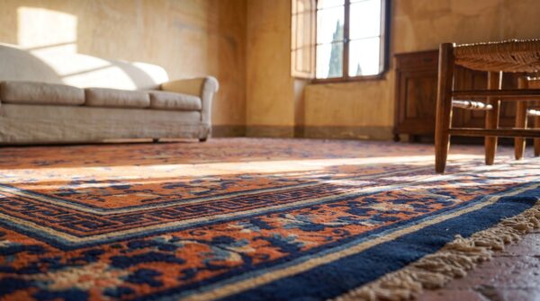 Rare collectible antique 19th century square coral chinese ningxia carpet (sku 23362) - in-room detail