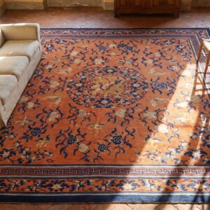 Rare Collectible Antique 19th Century Square Coral Chinese Ningxia Carpet (SKU 23362) - styled overhead view