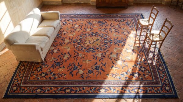 Rare collectible antique 19th century square coral chinese ningxia carpet (sku 23362) - styled overhead view