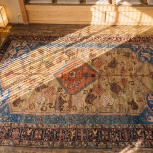 Rare Collectible Antique Tribal Geometric Persian Bakshaish Medallion Rug (SKU 22410) - styled overhead view