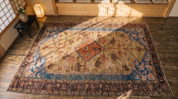 Rare collectible antique tribal geometric persian bakshaish medallion rug (sku 22410) - styled overhead view