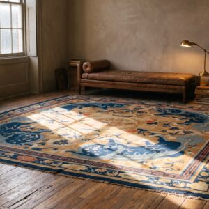 Rare Early 18th Century Antique Foo Dog Chinese Square Ningxia Carpet (SKU 21376) - room view