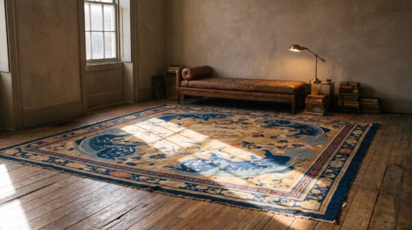 Rare early 18th century antique foo dog chinese square ningxia carpet 8 Rare early 18th century antique foo dog chinese square ningxia carpet (sku 21376) - room view