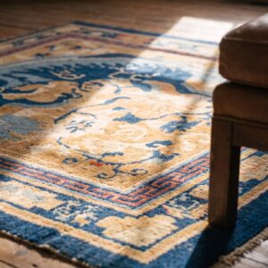 Rare Early 18th Century Antique Foo Dog Chinese Square Ningxia Carpet (SKU 21376) - in-room detail