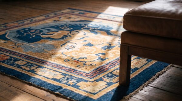Rare early 18th century antique foo dog chinese square ningxia carpet 9 Rare early 18th century antique foo dog chinese square ningxia carpet (sku 21376) - in-room detail