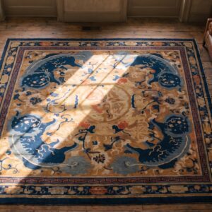 Rare Early 18th Century Antique Foo Dog Chinese Square Ningxia Carpet (SKU 21376) - styled overhead view
