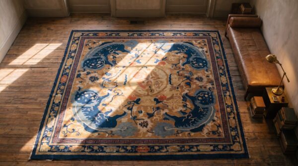 Rare early 18th century antique foo dog chinese square ningxia carpet 2 Rare early 18th century antique foo dog chinese square ningxia carpet (sku 21376) - styled overhead view