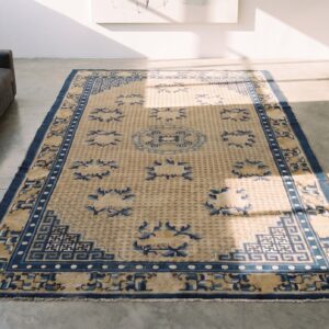 Rare Early 19th Century Antique Chinese Ningxia Carpet (SKU 21662) - styled overhead view