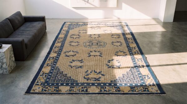 Rare early 19th century antique chinese ningxia carpet 2 Rare early 19th century antique chinese ningxia carpet (sku 21662) - styled overhead view