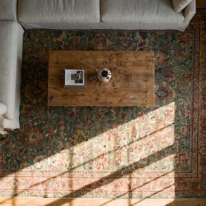 Rare Green Color Room Size Antique Persian Sultanabad Wool Pile Area Rug (SKU 21651) - styled overhead view