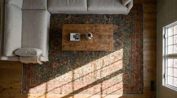 Rare green color room size antique persian sultanabad wool pile area rug (sku 21651) - styled overhead view