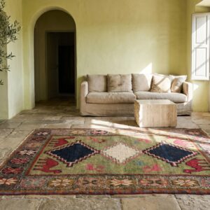Rare Green Color Small Antique Tribal Camel Animal Design Persian Gabbeh Small Size Rug (SKU 18918) - room view